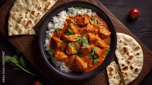 Traditional Indian dish Chicken tikka masala with spicy curry meat in bowl, basmati rice, bread naan on wooden dark background, top view, close up. Indian style dinner from above 