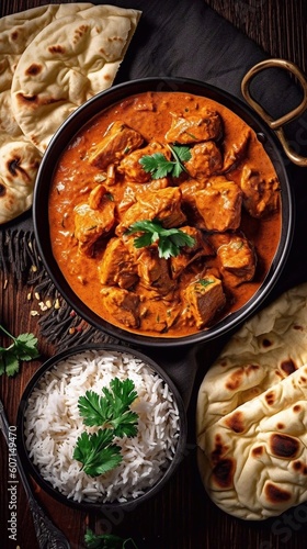Traditional Indian dish Chicken tikka masala with spicy curry meat in bowl, basmati rice, bread naan on wooden dark background, top view, close up. Indian style dinner from above 