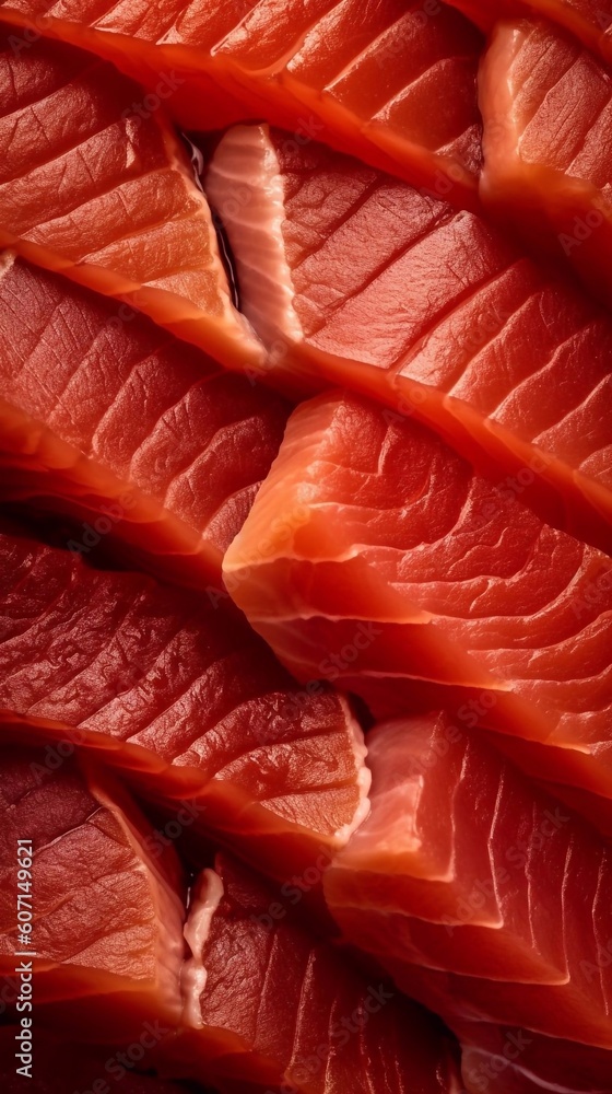 Sliced tuna raw meat texture, close-up seamless background. AI generated