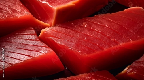 Sliced tuna raw meat texture, close-up seamless background. AI generated