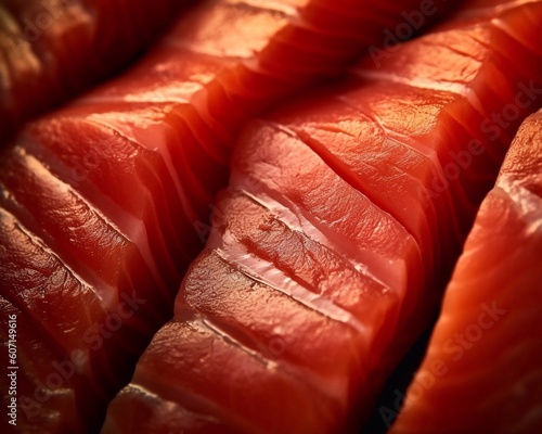 Sliced tuna raw meat texture, close-up seamless background. AI generated
