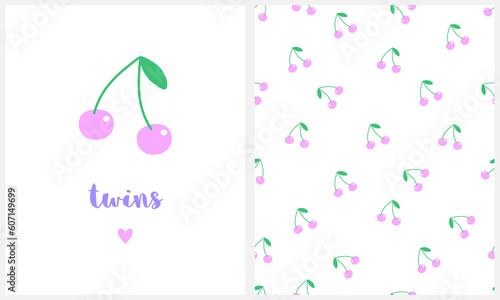 Baby Shower Card.Twins. Cute Cherries Seamless Vector Patterns. Pink Cherry with Green Leaves Isolated on a White Background. Lovely Nursery Art Ideal for Card, Wrapping Paper. Funny Fruits Print.