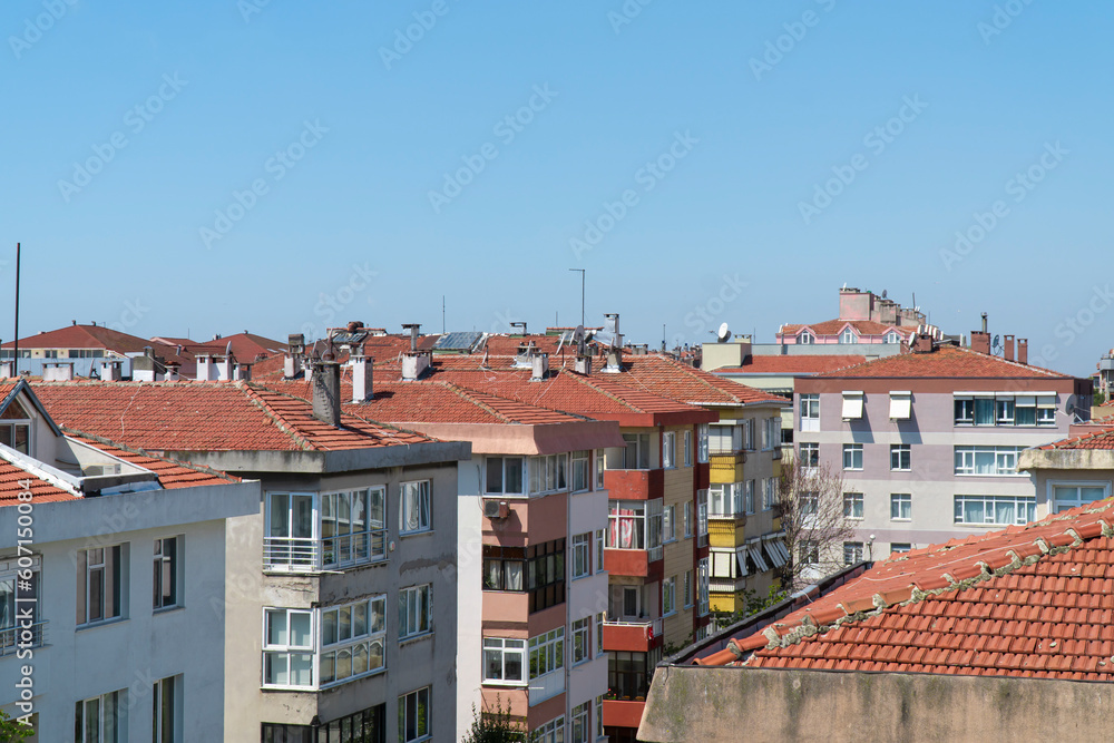 Buildings with red roofs. colorful old houses in istanbul city, bakirkoy district, Türkiye. selective focus Buildings with red roofs. colorful old houses in istanbul city, bakirkoy district, Türkiye. selective focus