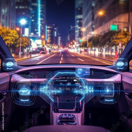 Next-Gen Smart Car: Cutting-Edge HUD Technology in Autonomous Vehicle on Busy City Road, generative AI © Ash