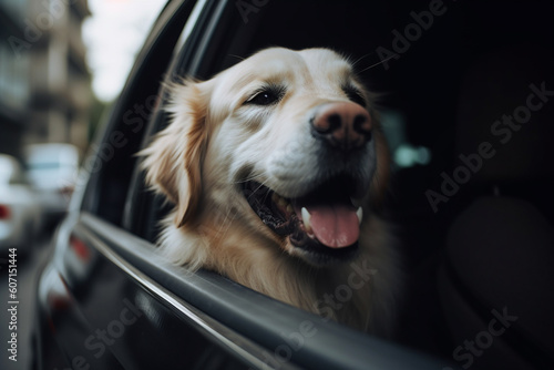 Happy dog travel in car. Family road trip concept. Generative AI