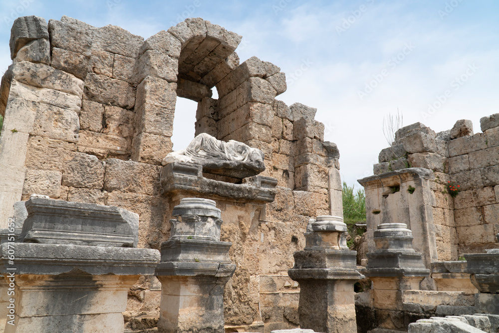 Ancient city of Perge  (Perga) in Antalya, Turkey. Historical ruins in the ancient city of Pamphylia 