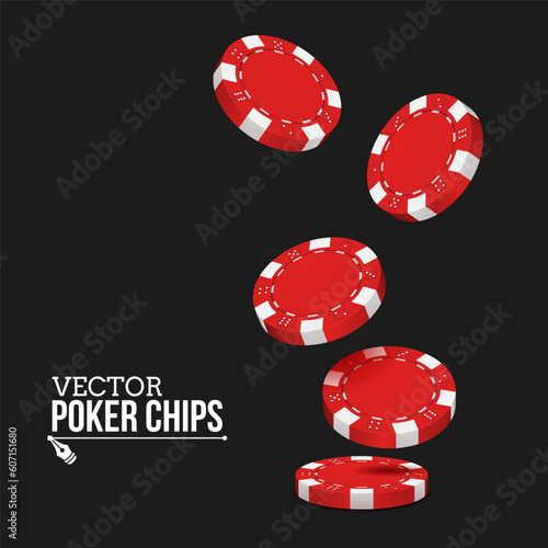 Red poker chips on dark background. Vector illustration.