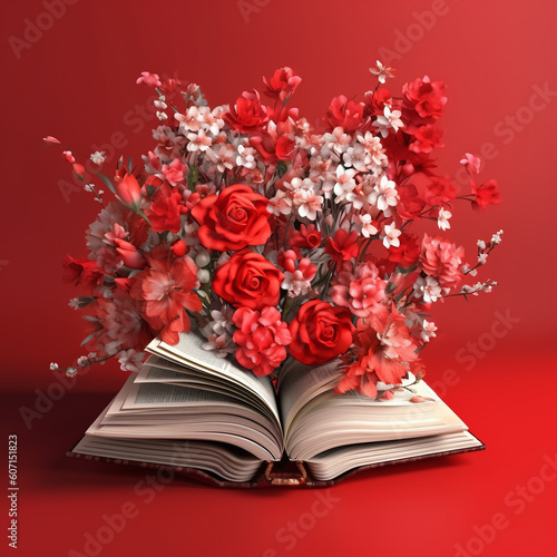 Book with flowers on red background spring vibe © ni
