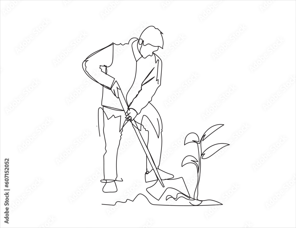 Drawing a man using a spade for planting world environment day vector illustration 