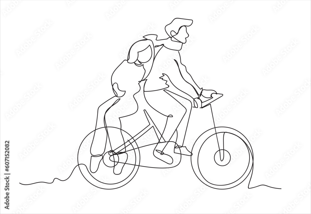 Fototapeta premium Drawing happy people riding bicycle world bicycle day concept continuous line drawing vector illustration 