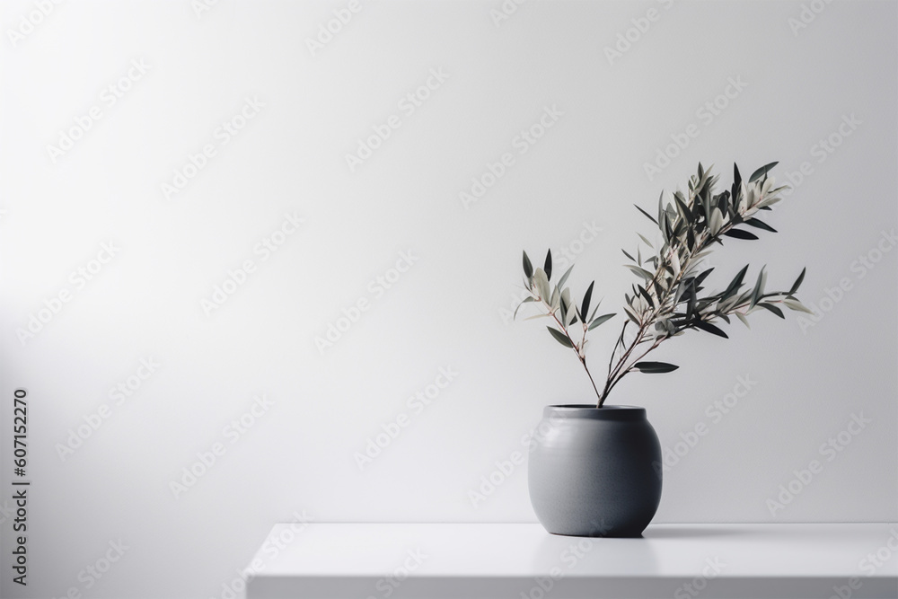 Minimalist vase and flower on isolated background.White wall background.Copy and text space.Created with generative ai