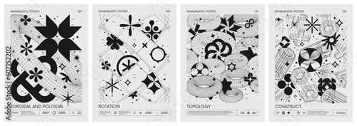 Futuristic retro vector minimalistic Posters with 3d strange wireframes form graphic of geometrical shapes modern design inspired by brutalism and silhouette basic figures, set 33
