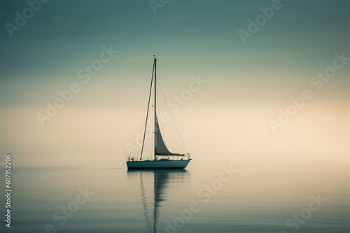 Sailboat on the sea.Minimalist style.Copy and text space.Created with generative ai