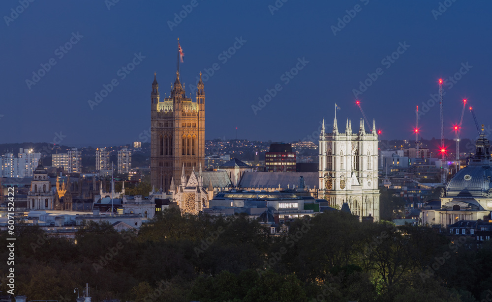 Westminster panorama, Victoria Tower and Westminster Abbey in the evening, London, United Kingdom
