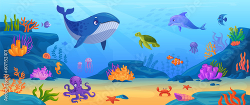 Seabed animals. Underwater animals in ocean, cartoon undersea creatures at sea bottom coral reef stone plant, under water world marine habitat life, ingenious vector illustration