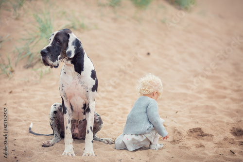 Little blonde girl with Great dane on the beach in summer