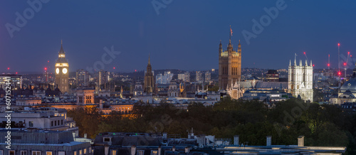 Westminster panorama, Big Ben, Victoria Tower and Westminster Abbey in the evening, London, United Kingdom