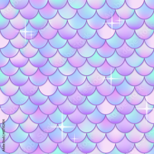 Holographic mermaid scales. Magic fish or dragon iridescent gradient scale background, color geometric seamless pattern tale animal for fabric print, ingenious vector illustration