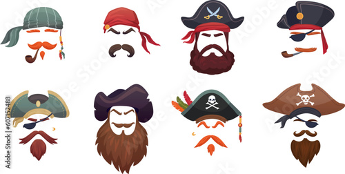 Pirate masks. Carnival sea pirates faces mask, cartoon bandana corsair head sea pirate costume cap beard and hair for selfie filter or humor avatar, ingenious vector illustration