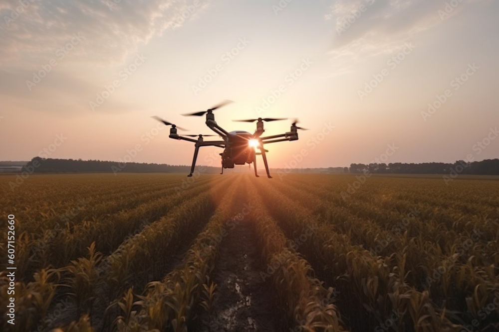 Future farming, drones working on crop fields. Generative Ai Future farming, drones working on crop fields. Generative Ai