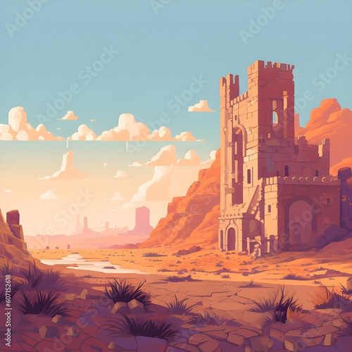 Ancient ruins in desert landscape, rpg, adventure, ruins, pixel art. generative ai 