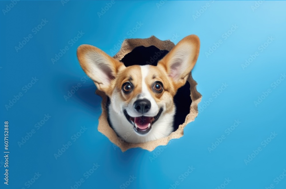 Cute corgi dog peeking out of a hole in the wall, blue background ...