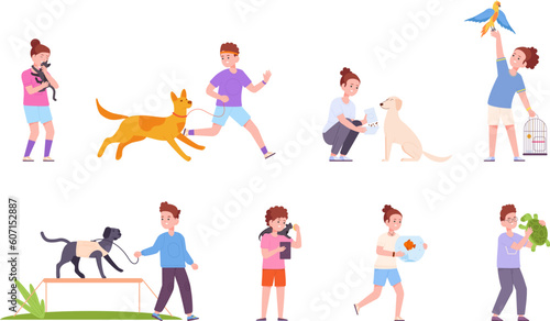 Kids pets care. Little owners of funny domestic animals, children cuddling kitten feeding or playing with dog, holding parrot bird, love pet concept splendid vector illustration