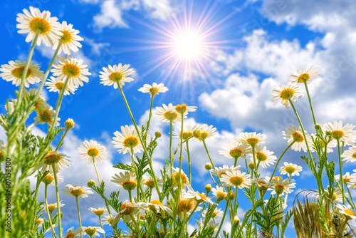 Sunlit Symphony: Blooming Daisies Bask in the Blue Sky