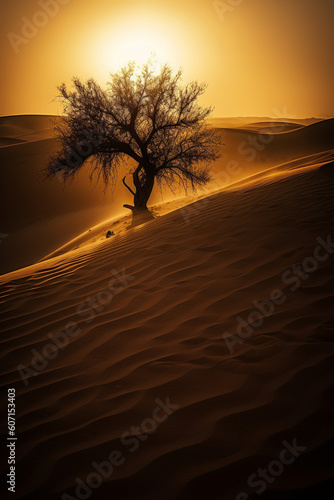 Lonely tree on sand dunes in desert. Dramatic light. Generative AI