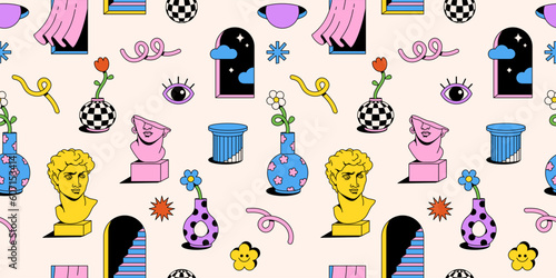 Surreal psychedelic cartoon sticker pack. Cartoon flowers and vase, abstract shapes clouds, greek sculpture and statue, arch, window, column in trendy playful cartoon style. Vector illustrations.