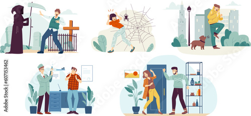 People phobias. Anxiety woman man afraid meeting fears of death violence spider or doctor  arachnophobia psychological disorder distress horrified person garish vector illustration