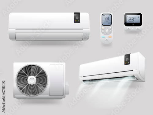 Realistic conditioner. Air conditioners with ionizer refreshing cool aires purifier on ac energy, split system remote control weather in house or office, exact vector illustration