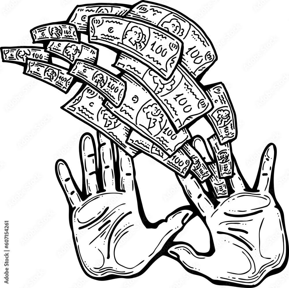 Big dollars banknotes money in your hands. Finance business, commerce, payment economy theme for poster print, vector elements. Take or give loan. Hand drawn illustration. Cartoon style drawing. Big dollars banknotes money in your hands. Finance business, commerce, payment economy theme for poster print, vector elements. Take or give loan. Hand drawn illustration. Cartoon style drawing.