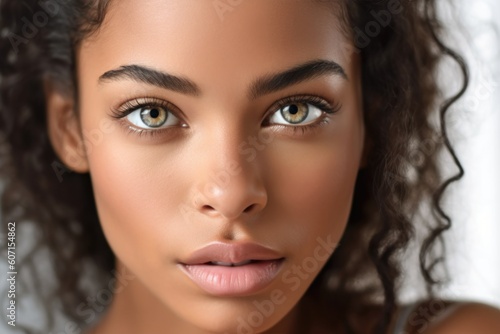 Close-up view of  Black woman face with beautiful eyes, beauty services concept, ai generative