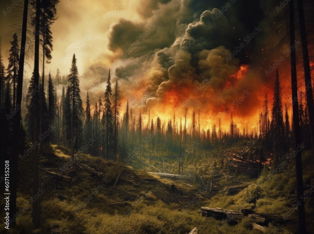 Forest fire in the summer season of the dry period of the year. AI generated, human enhanced Forest fire in the summer season of the dry period of the year. AI generated, human enhanced