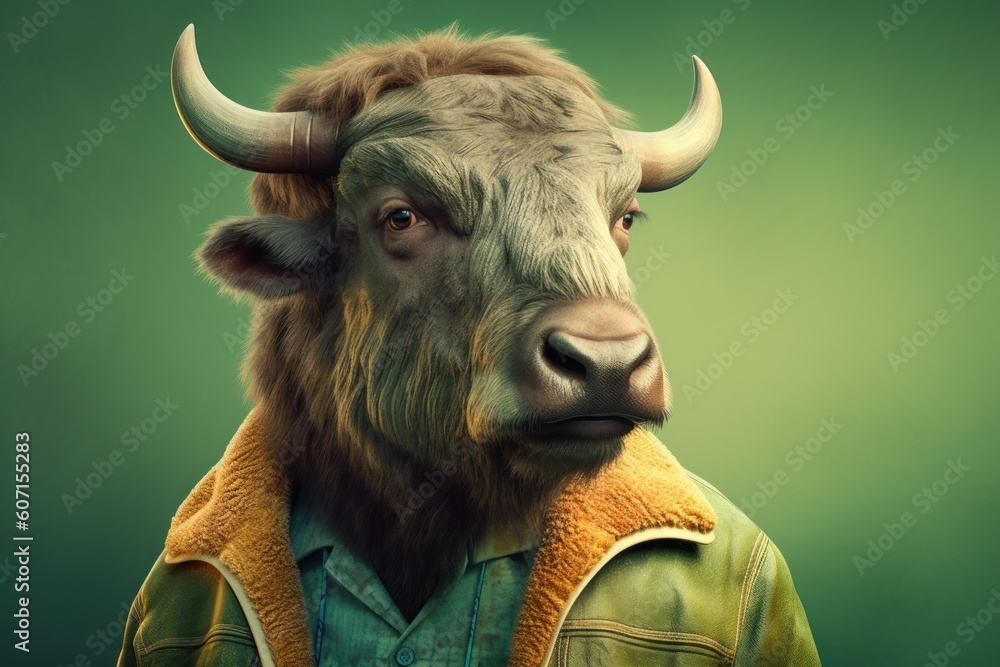 Anthropomorphic Bison dressed in human clothing. Humanized animal concept. AI generated, human enhanced Anthropomorphic Bison dressed in human clothing. Humanized animal concept. AI generated, human enhanced