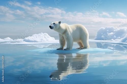 Polar bear on a melting ice floe. Climate change concept. AI generated  human enhanced.