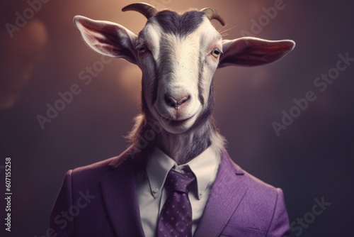 Anthropomorphic goat dressed in a suit like a businessman. Business Concept. AI generated, human enhanced