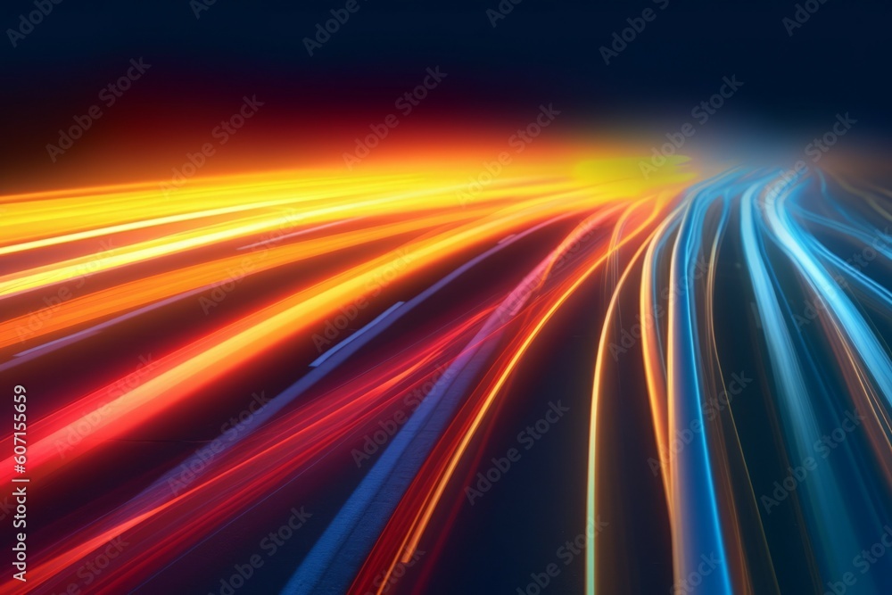 Colorful rays streak along a highway background. Backdrop for design. AI generated, human enhanced Colorful rays streak along a highway background. Backdrop for design. AI generated, human enhanced