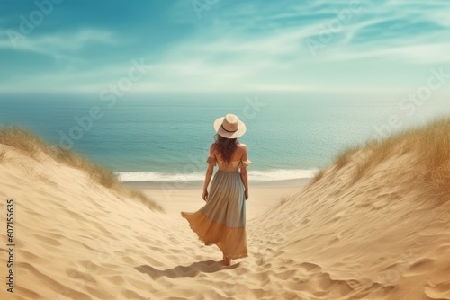 Woman on the beach near the sea  view from the back. Travel concept. AI generated  human enhanced