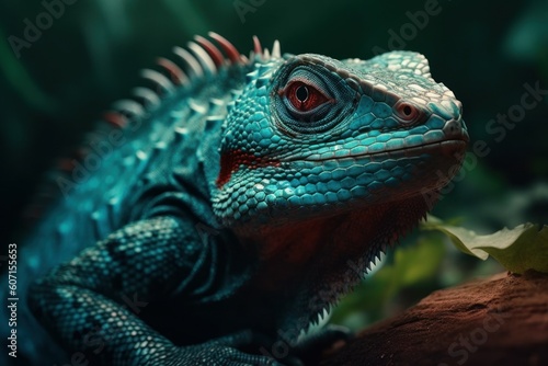 Green colored chameleon close up. AI generated  human enhanced