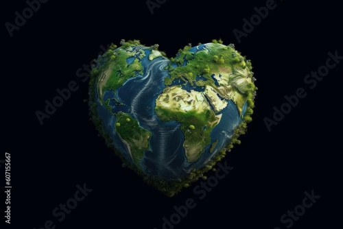 Green planet in the shape of a heart. Climate change concept. AI generated  human enhanced