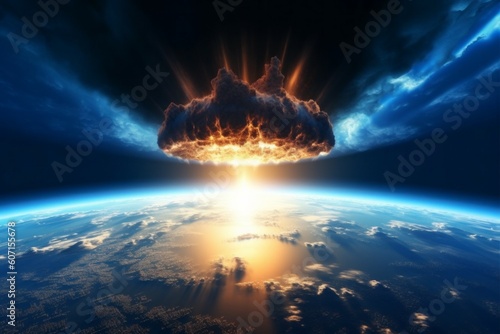 Nuclear explosion view from space. The concept of thermonuclear war. AI generated, human enhanced