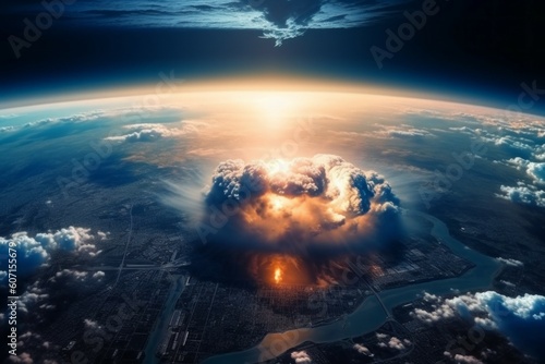 Nuclear explosion  satellite view. The concept of thermonuclear war. AI generated  human enhanced