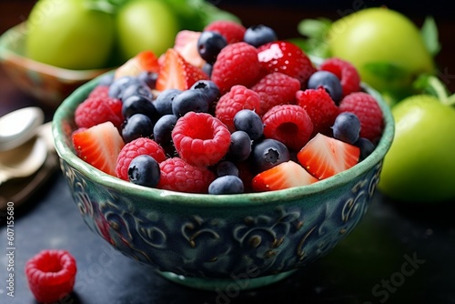 Appetizing delicious fruit salad with berries. The concept of proper nutrition and vitamins in the crop. AI generated