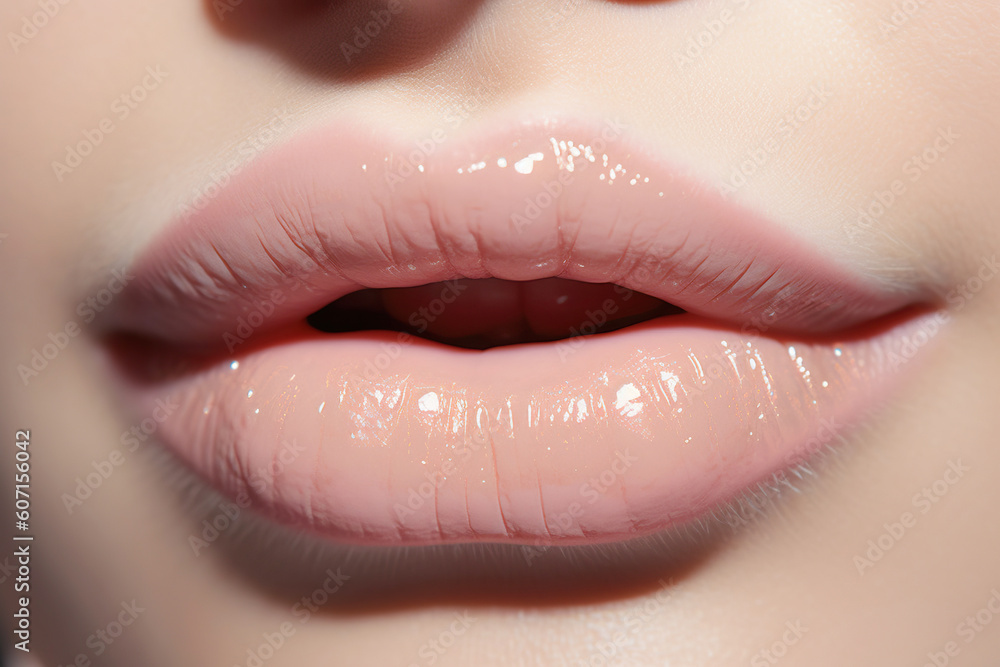 Obraz premium Close up of young woman wearing light fresh lip make up and slightly opening mouth. Plump lips with natural makeup. Part of female face. generative ai