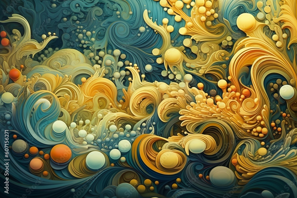 Abstract surreal yellow and blue curves fractal background or backdrop. AI generated, human enhanced. Abstract surreal yellow and blue curves fractal background or backdrop. AI generated, human enhanced.