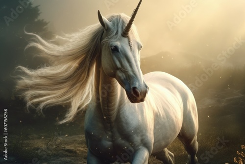 Fairytale unicorn. Mythical animal with one horn. AI generated  human enhanced
