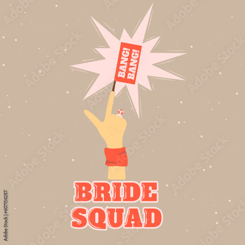 Bachelorette Party Invitation Card Wild West Style Retro Illustration Hand Gesture Pistol with Bang Shot