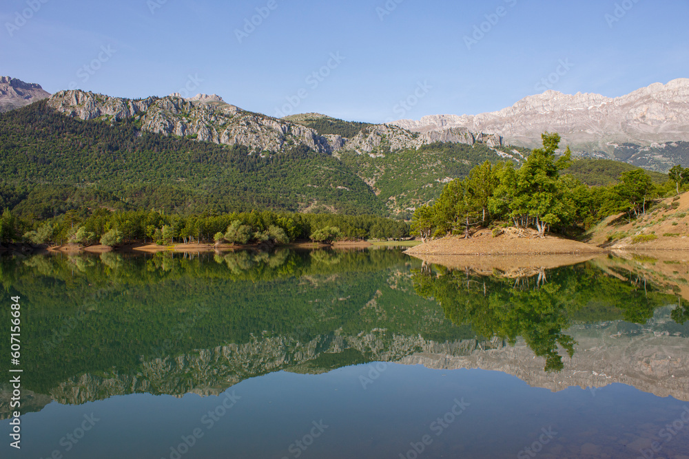 the reflection of mountains and forest trees in the water and creating wonderful landscapes